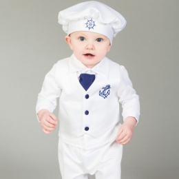 Baby Boys White & Navy Anchor 5 Piece Satin Christening Suit